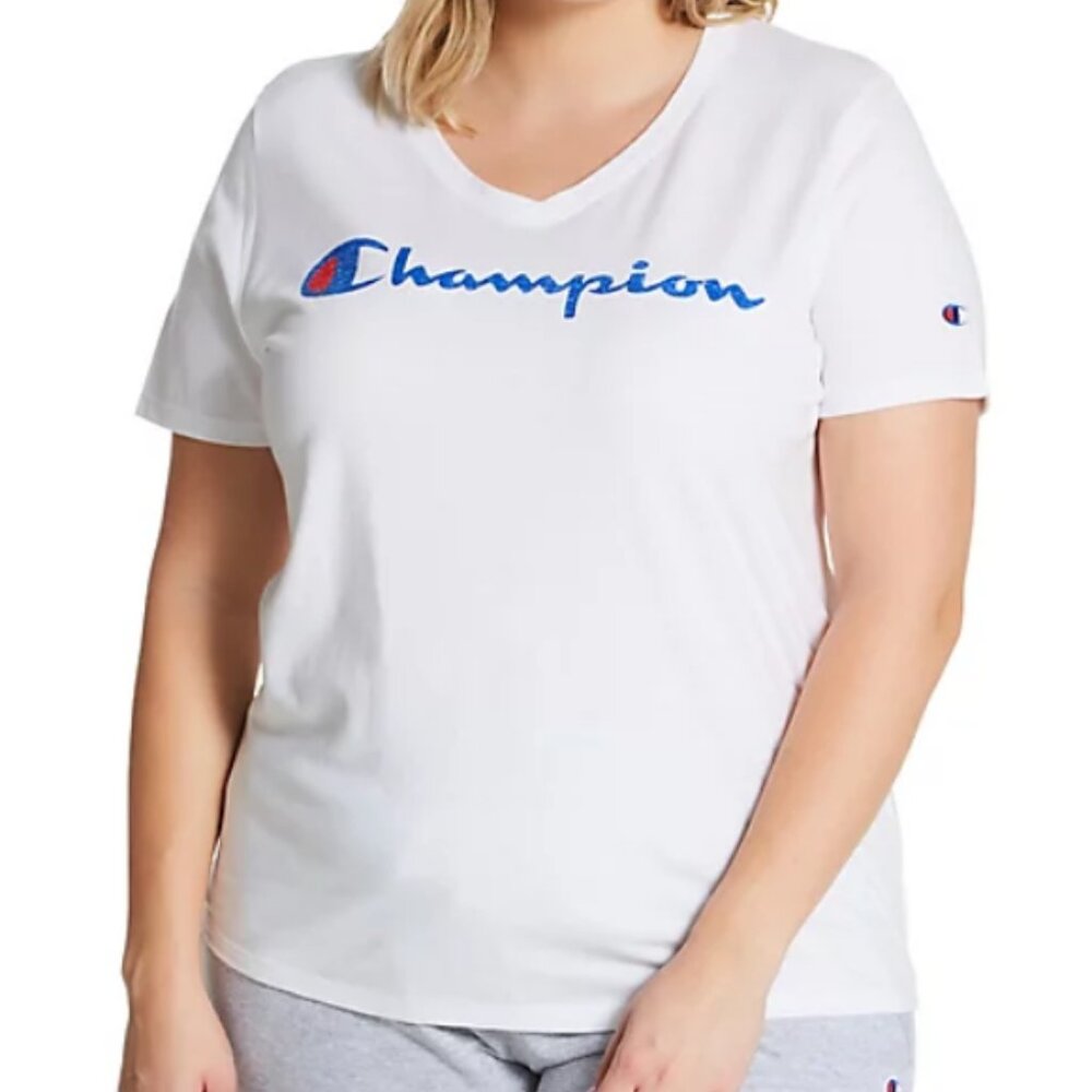 Champion Women's Plus Size Logo Graphic Short Sleeve V-Neck T-Shirt